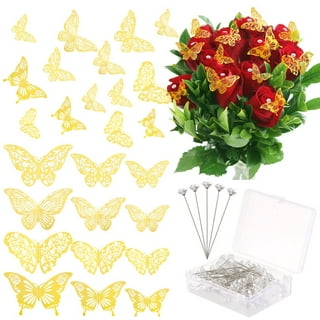 148 Pcs Bouquet Corsages Pins for Flower and 3D Gold Butterfly Wall Decor  Set Flower Diamond Pins Crystal Head Straight Pins Bouquet Accessories for