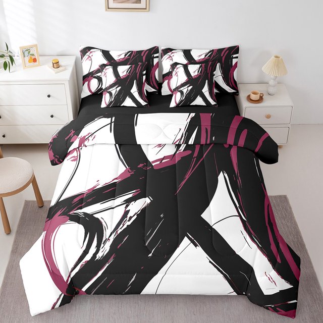Erosebridal Abstract Bedding Sets King Size, Striped Ombre Comforter Sets with Sheets, Chic Geometric Decor, Reversible 7 Pieces
