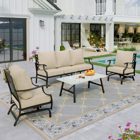 Sophia&William 5 Seat Patio Conversation Set Outdoor Rocking Chairs and Marble Table Furniture Set, Beige