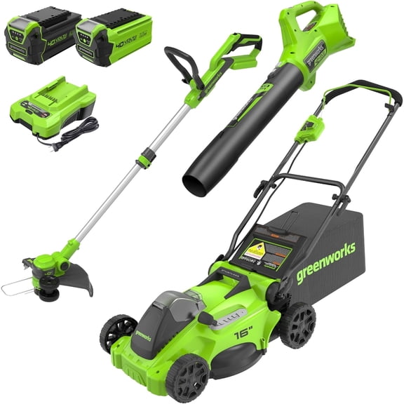 Greenworks 40V 16" Brushless Lawn Mower   Blower (350 CFM)   13" String Trimmer (Bonus Spools), 4.0Ah   2.0Ah Battery and Charger Included