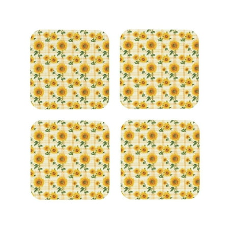 

Drink Coasters Set of 4 Yellow White Plaid Sunflower Leather Coasters for Coffee Table Protector Heat Resistant Cute Coasters for Home Decor Housewarming Gifts Bar Kitchen 4 Inch Square