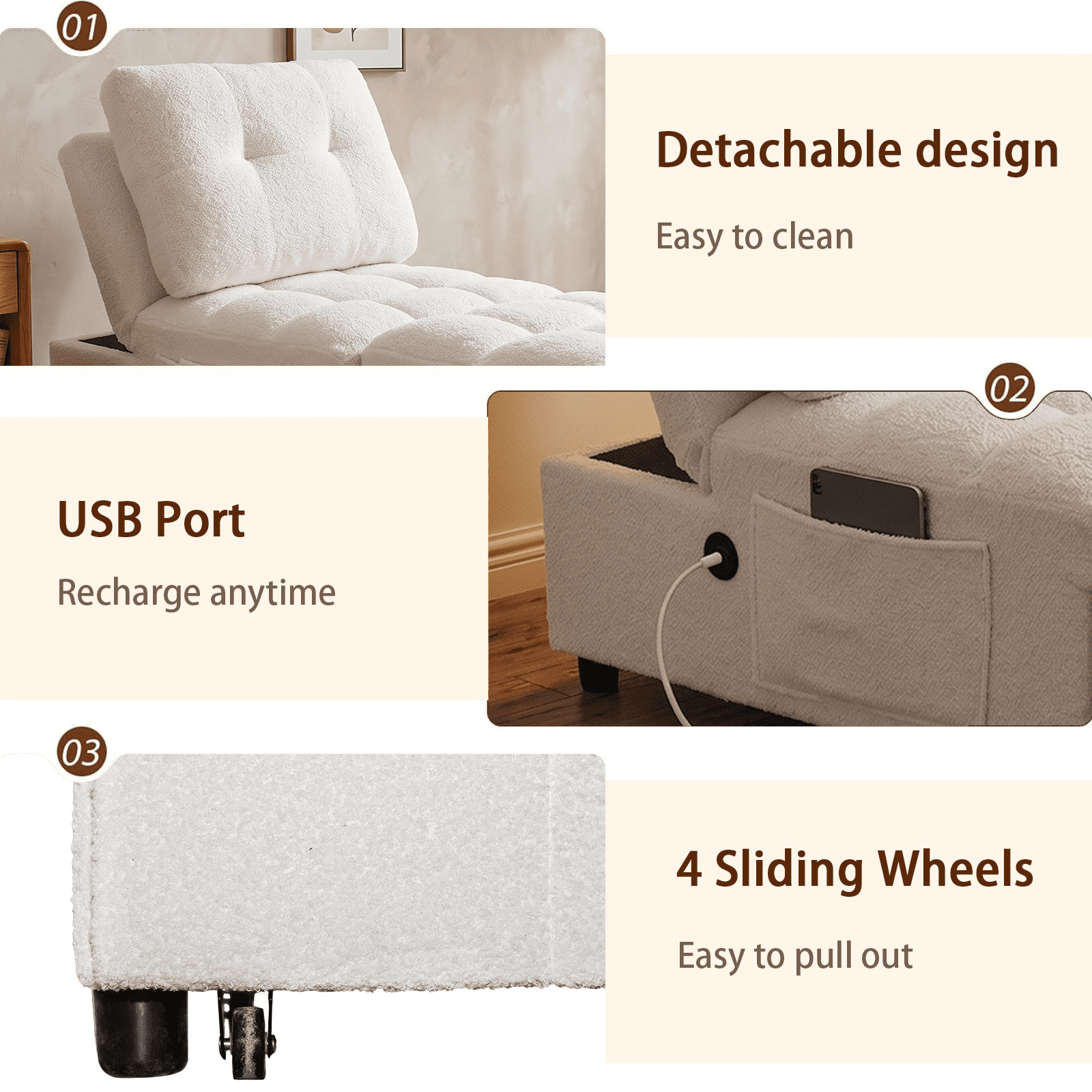 3-in-1 Convertible Sleeper Chair with USB Charging Port,Teddy Pull-Out Futon Sofa Bed Recliner Chair for Living Room, Small Spaces,White