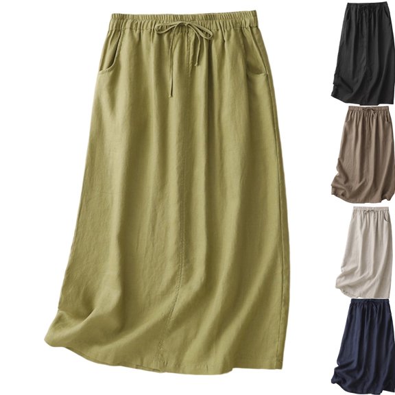 PUMISAS Mid-Length Skirt For Women Soft High Waisted Drawstring Elastic Waistband Skirts Solid Color Casual Loose Skirts With Side Pockets