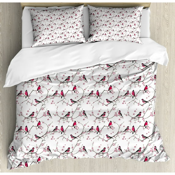 Asian Duvet Cover Set King Size, Sakura Flowers with Bullfinch Birds Branches Nature Animals Plants Spring Season, Decorative 3 Piece Bedding Set with 2 Pillow Shams, Pink Black Grey, by Ambesonne