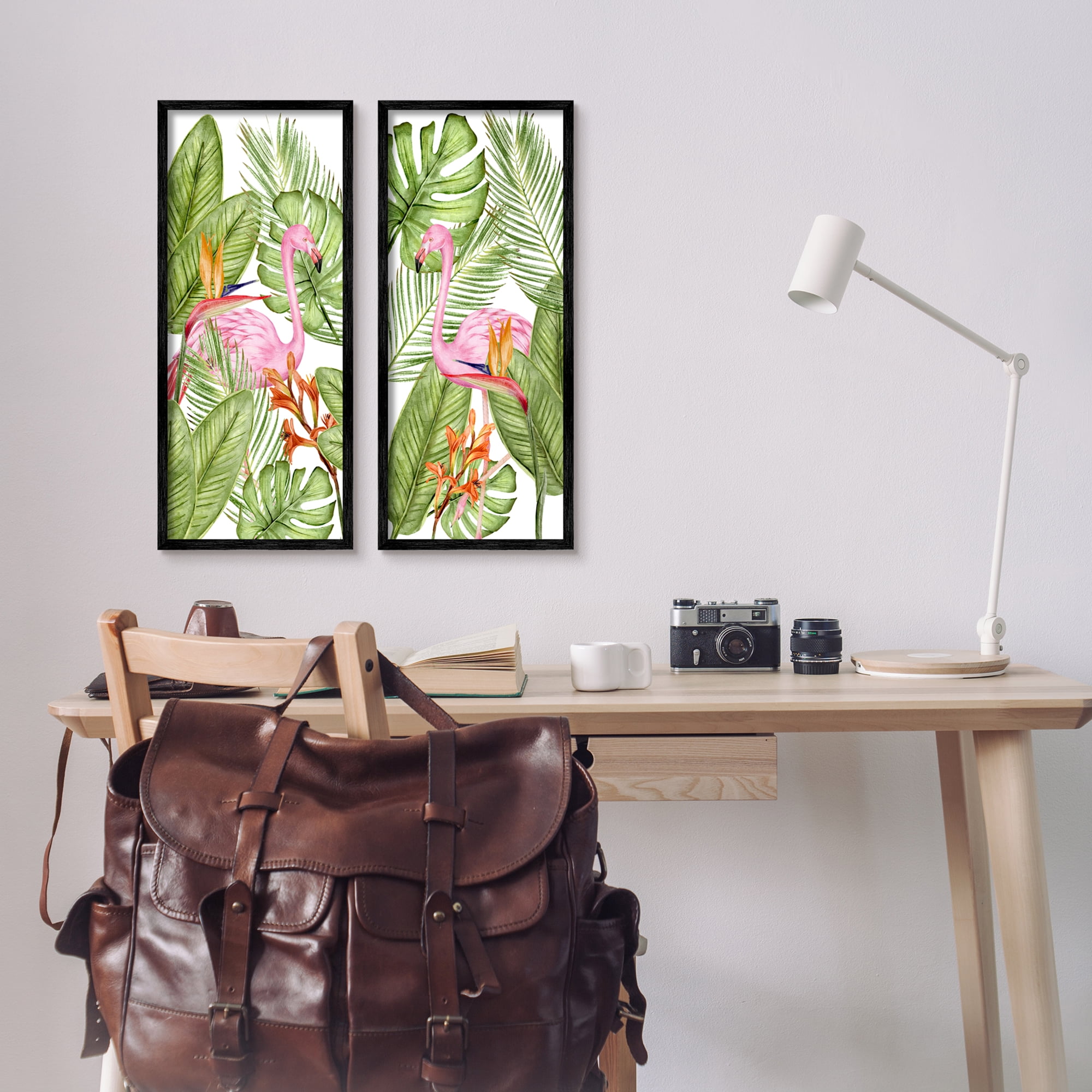 Stupell Industries Flamingos & Topical Plants Botanical & Floral Painting Black Framed Art Print Wall Art, 10 x 24, Set of 2