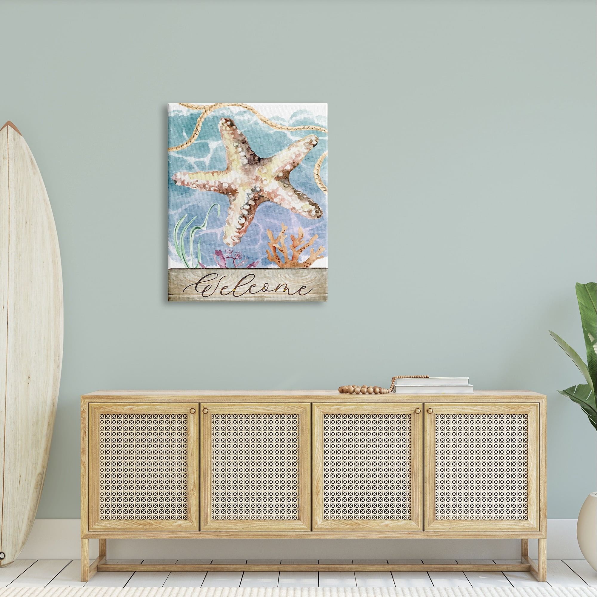 Stupell Aquatic Beach Welcome Starfish Landscape Painting Gallery Wrapped Canvas Print Wall Art
