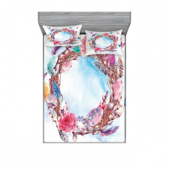 Spring Bedding Set with Sheet & Covers, Floral Wreath with Branches Butterflies Feathers Happy Harvest Season Watercolor Art, Printed Bedroom Decor 2 Shams, 4 Sizes, Multicolor, by Ambesonne
