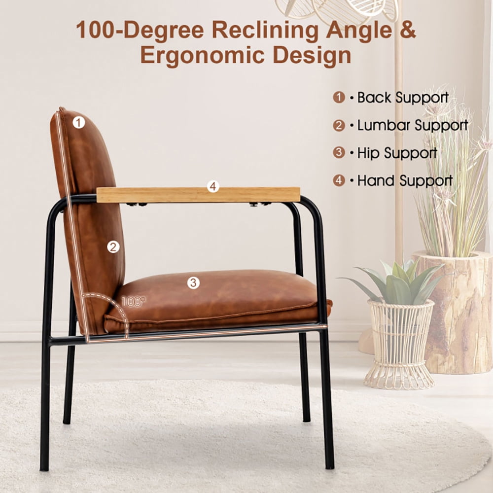 Finihen Upholstered Accent Armchair, PU Leather Accent Chair with Rubber Wood Armrests, for Living Room, Bedroom, Brown