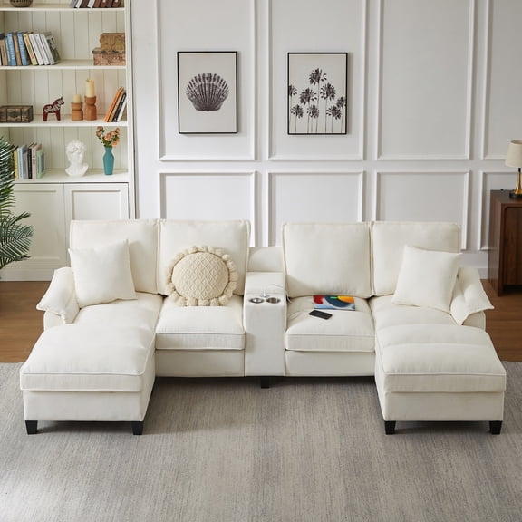 Spaco 120" Modular Corduroy Sectional Sofa with Storage, Cup Holders, Modern 4-Seater U-Shaped Couch Bed for Living Room, Apartment, Beige