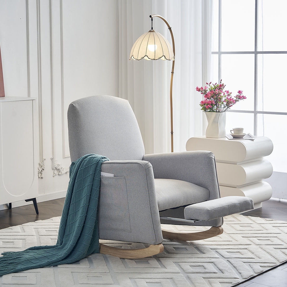 Cotton Linen Fabric Nursery Rocking Chair With Adjustable Footrest