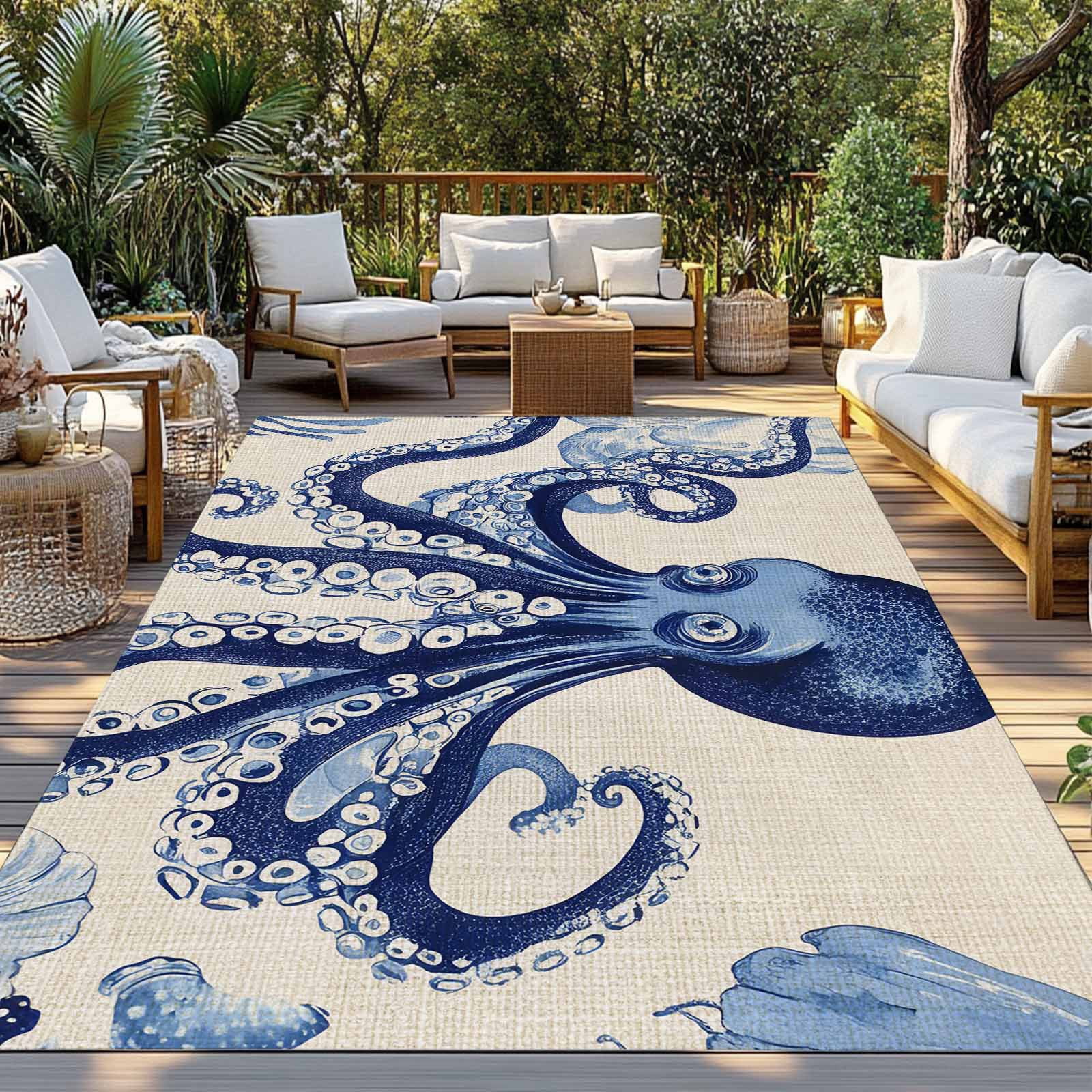 Fsddascl Navy Blue Octopus Coastal Outdoor Rug for Patio/Deck/Porch, Non-Slip Large Area Rug 4 x 6 Ft, Nautical Summer Beach Rustic Indoor Outdoor Rugs Washable Area Rugs, Camping Rug Carpet
