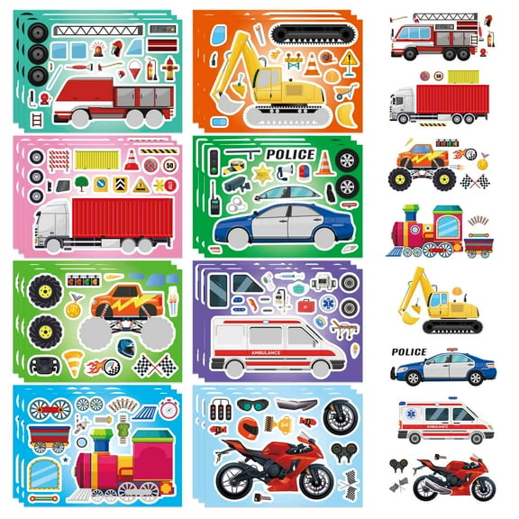 24 Sheets Vehicle Stickers for Kids, Make Your Own Police Car, Ambulance, Truck, Train, Motorcycle Engineering Vehicle Stickers for Toddlers, Birthday Party Supplies, Classroom Teacher Rewards