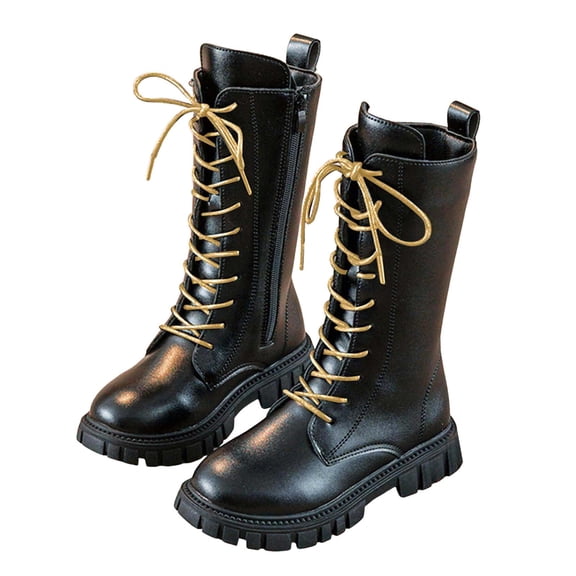 Girl's Knee High Combat Boots Glitter Strappy Lace up Long Fall Booties Chunky Lug Sole Riding Boots Black 1 Big Kids