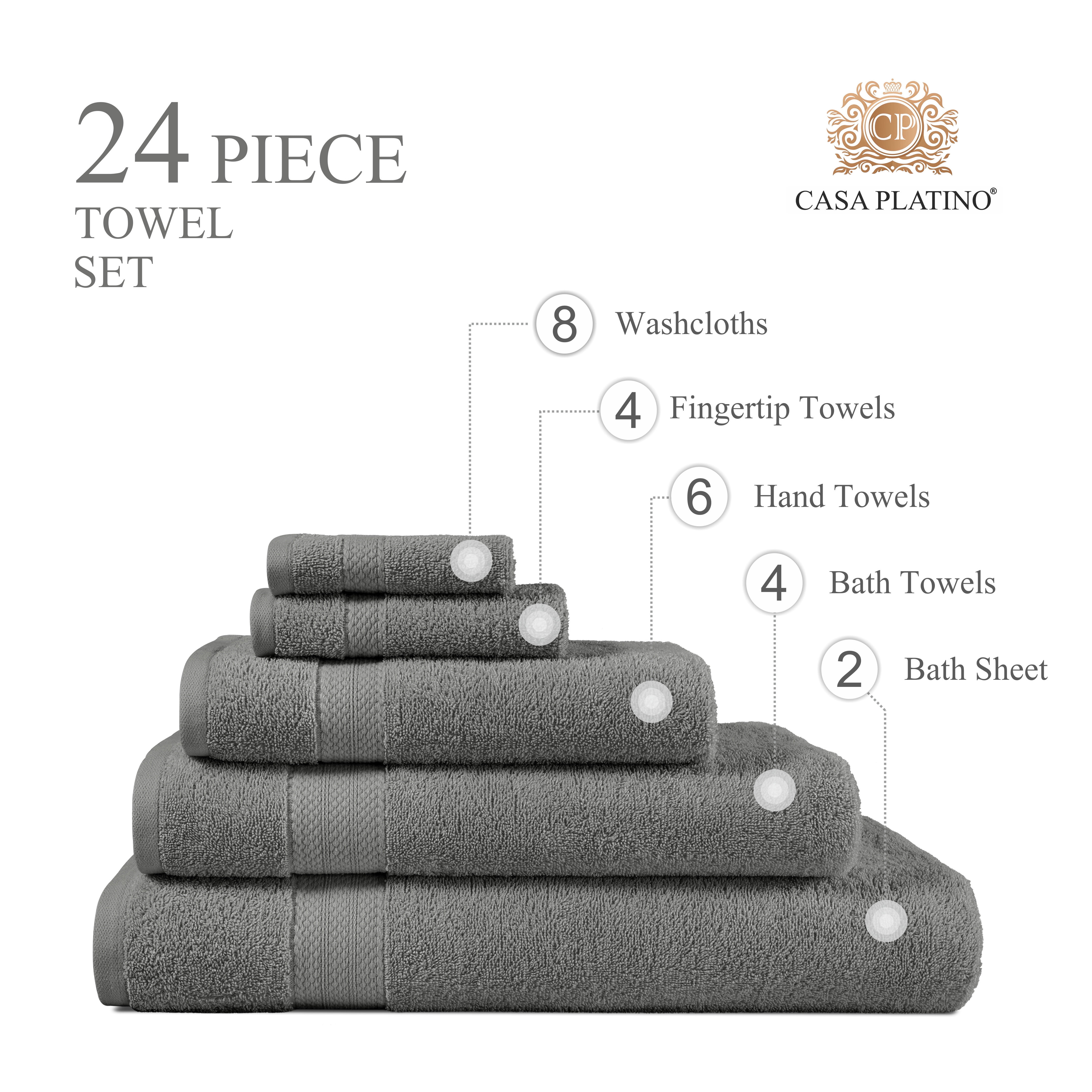 Casa Platino 24 Piece Grey Bath Towels, Cotton Bath Towel Set, 2 Bath Sheet, 4 Bath, 6 Hand Towels, 4 Fingertip, 8 Washcloths - Grey