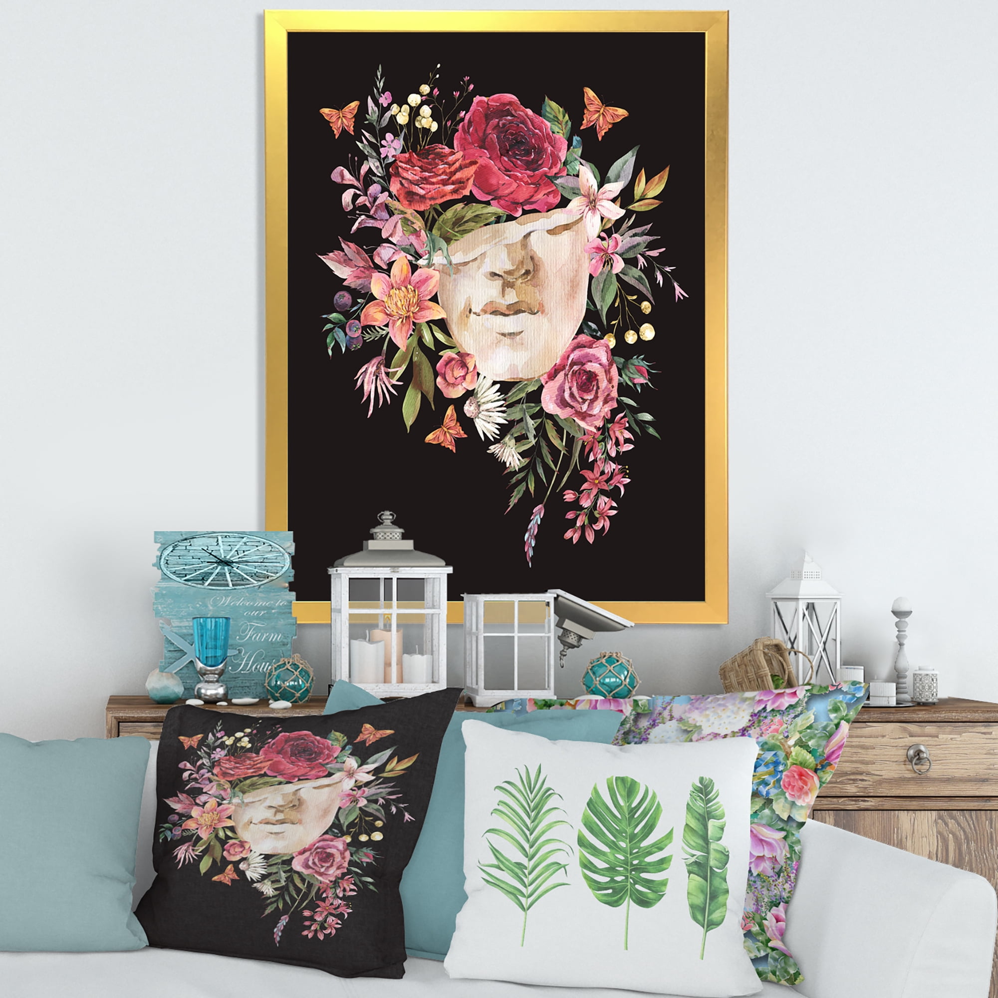 Designart 'Ancient Greek Sculpture Detail With Dry Flowers' Traditional Framed Art Print