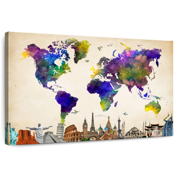 Elephant Stock Rainbow Grunge World Map Wall Art - Horizontal Canvas Wall Art - Living Room Wall Decor - Map Canvas - Blue And Green Decor - 12" x 8"