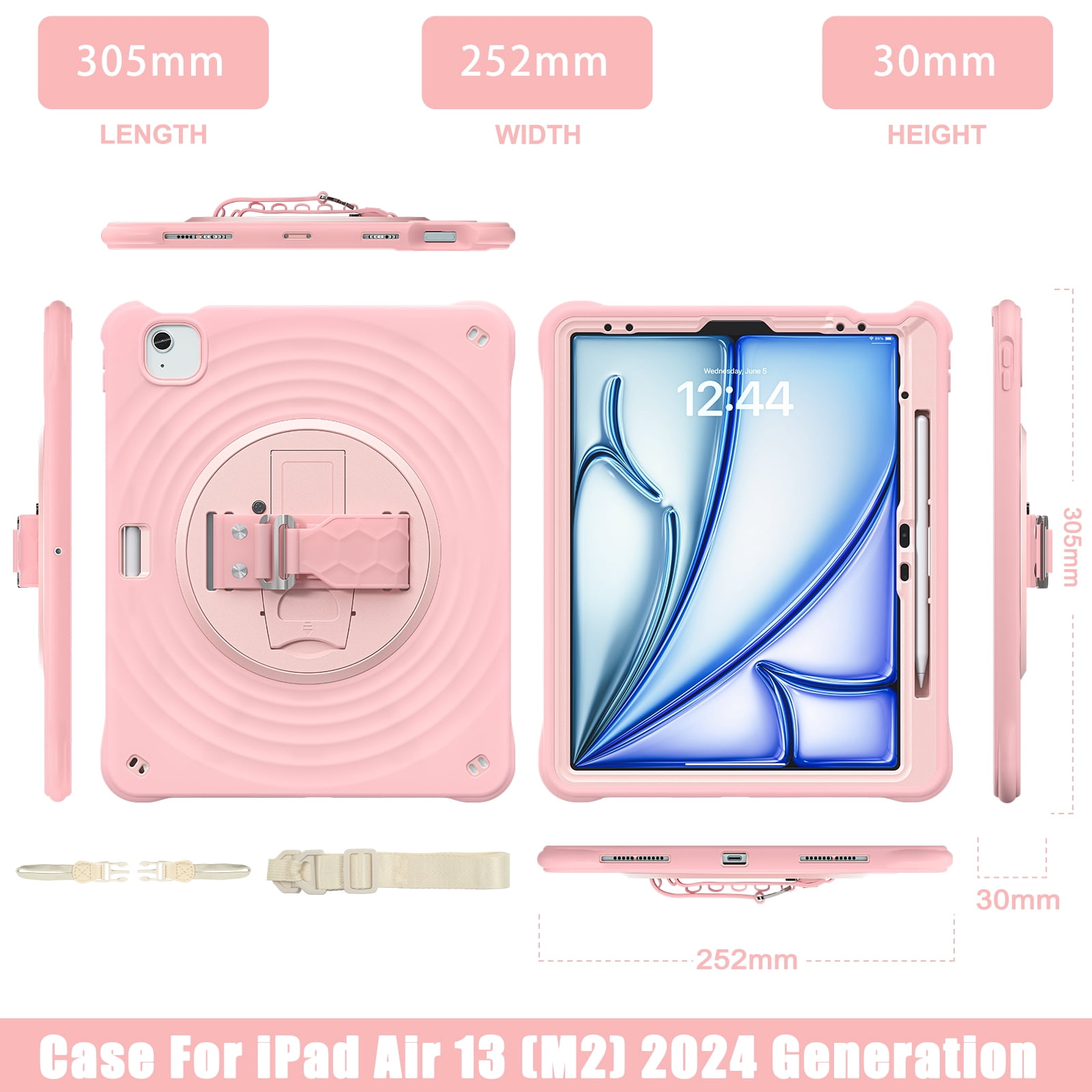 for iPad Air 13" 2025/2024 Case, Durable Sturdy Protection Case with Rotation Stand, Portable Hand Strap and Shoulder Strap Pencil Holder, Heavy Duty Shockproof Anti-Drop Cover, Pink