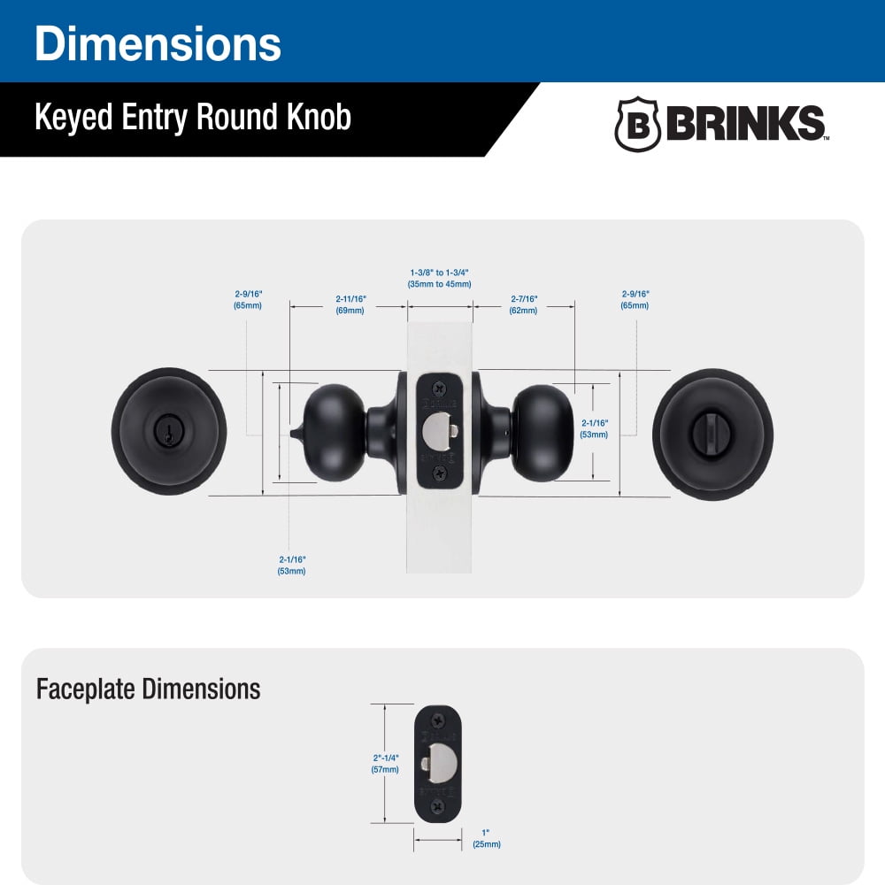 (2 pack) Brinks Keyed Entry Classic Ball Style Doorknob, Matte Black Finish