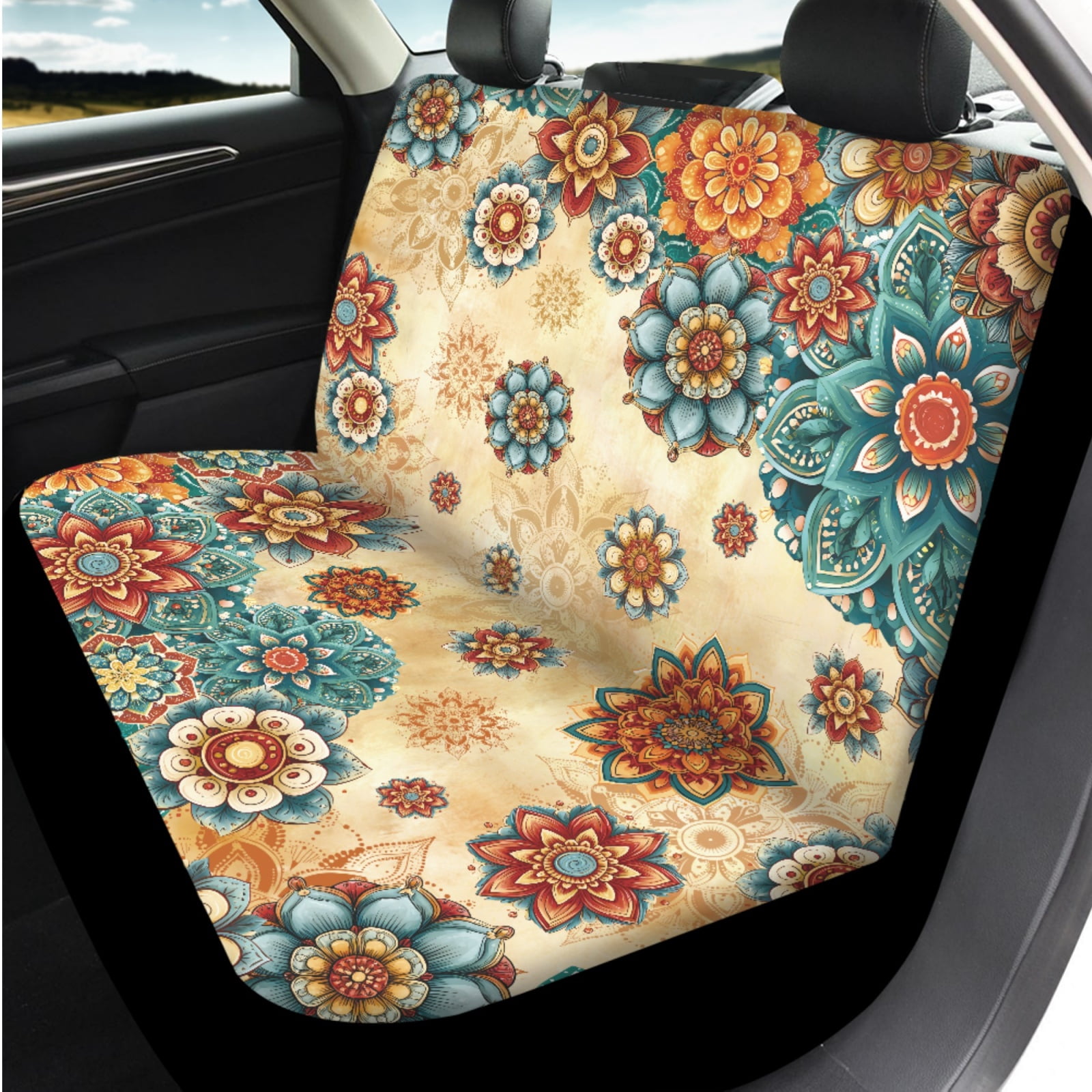 Binienty Boho Dahlia Floral Vehicle Seat Covers Full Set with 15 Inch Steering Wheel Cover Center Console Cushion Seat Belt Covers Coasters Automotive Interior Decor Set 14 PCS​