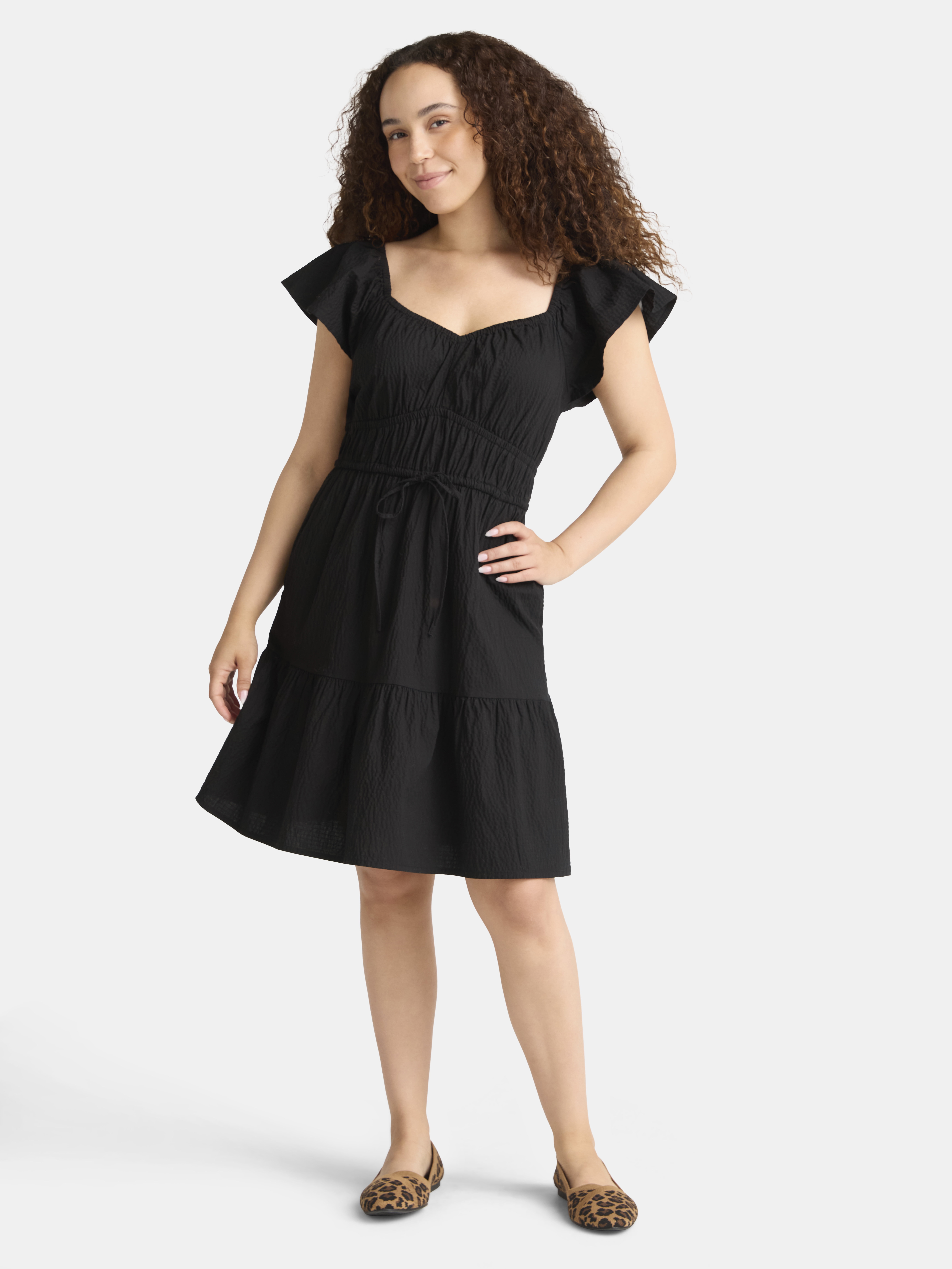 Time and Tru Women's Sweetheart Mini Dress with Flutter Sleeves, Sizes XS-3XL
