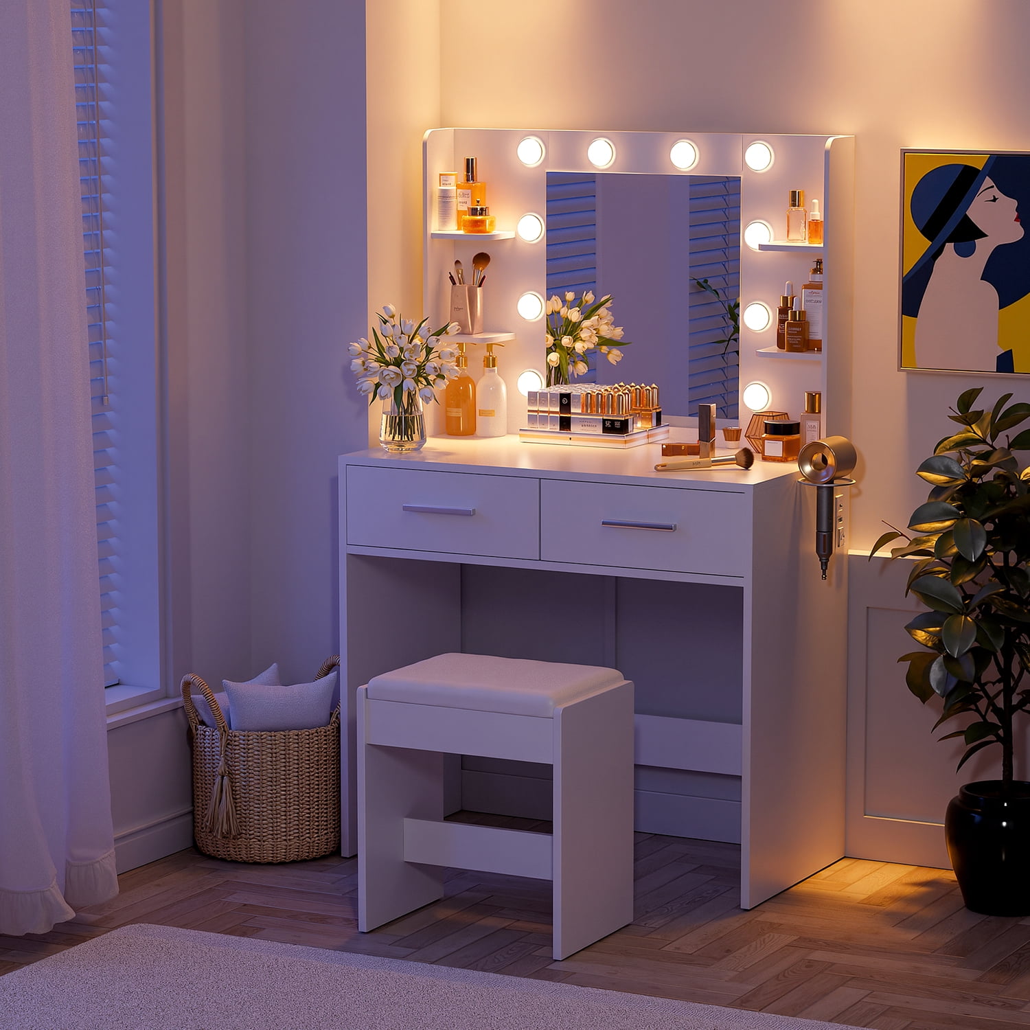 Vineego Makeup Vanity Desk with Lighted Mirror & Power Outlet, Makeup Vanity with stool,White