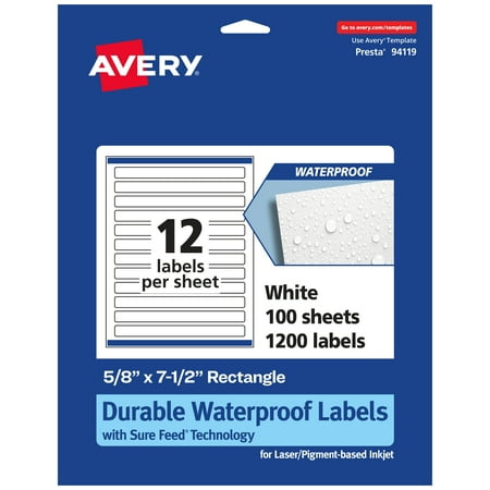UPC: 0194793908220 | Avery Durable Waterproof Rectangle Labels with Sure Feed  5/8  x 7-1/2   1200 Oil and Tear-Resistant Waterproof Labels  Print-to-the-Edge  Laser/Pigment-Based Inkjet Printable Labels