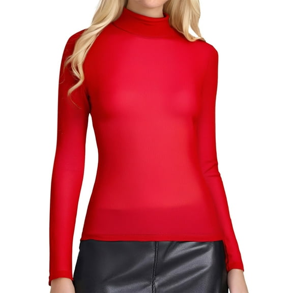Fiaer Women T Shirts Mesh Oversized Tshirts Slim Fit Turtleneck Long Sleeve Solid Color Fashion Casual Tops Red XL