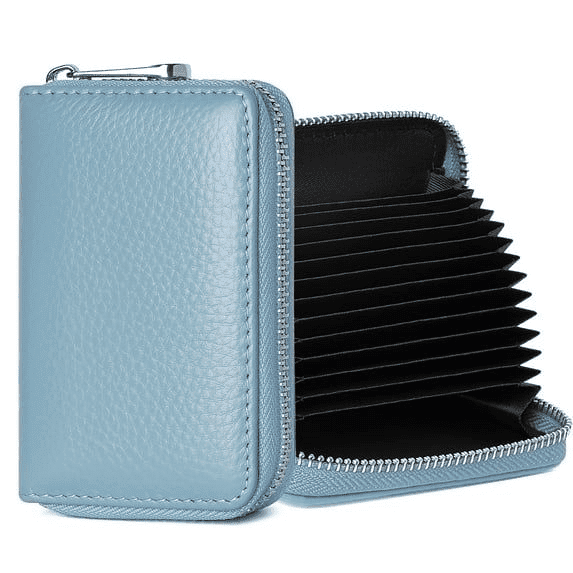 Blue Genuine Leather Rfid Blocking Card Holder, Multi Slot Accordion Small Wallet for Cards Cash ID