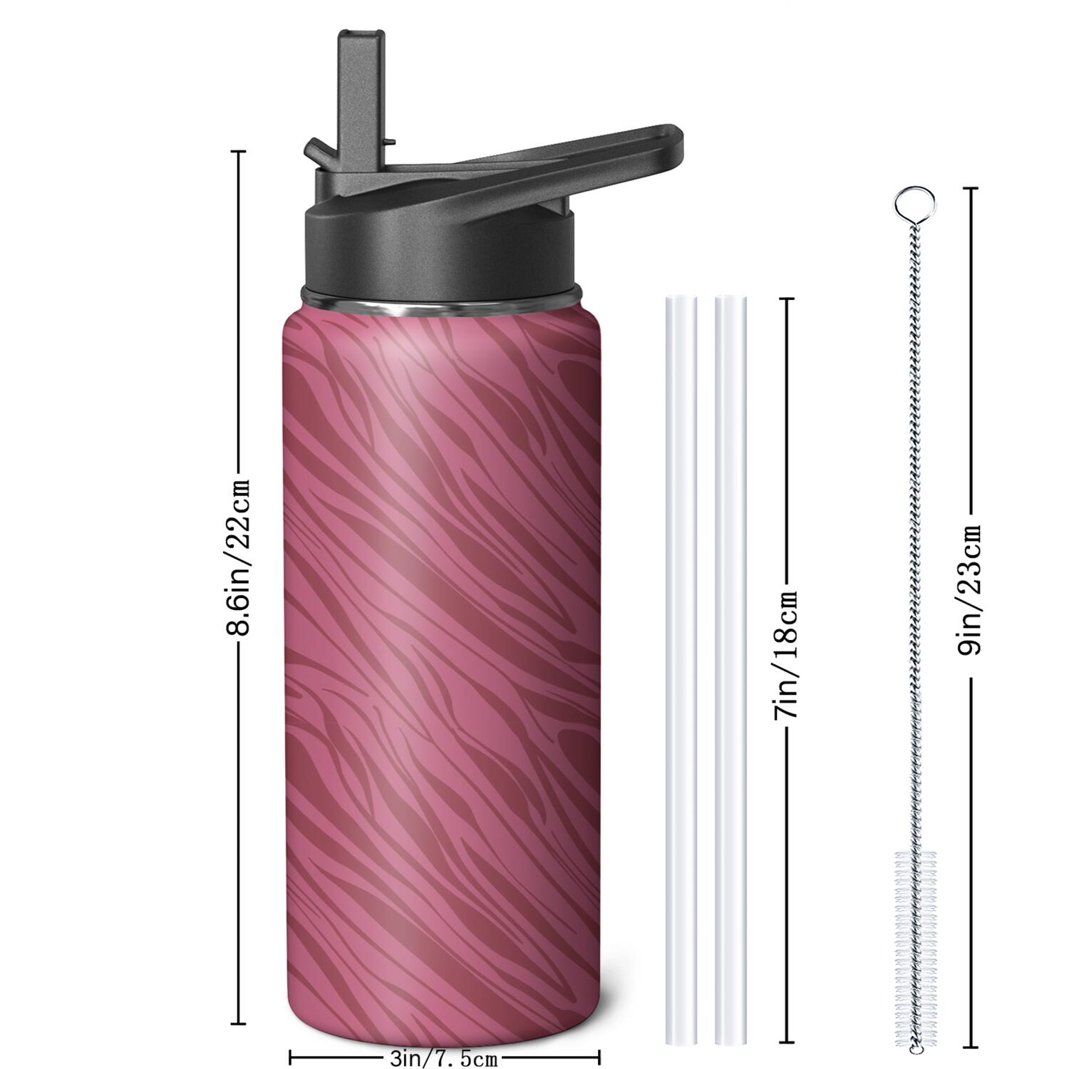Leopard Print Insulated Stainless Steel Water Bottle with Straw & Cleaning Brush – 18 Oz | Leakproof, BPA-Free, 304 Stainless Steel, Wide Mouth, Travel Mug for Car, Gym, Office