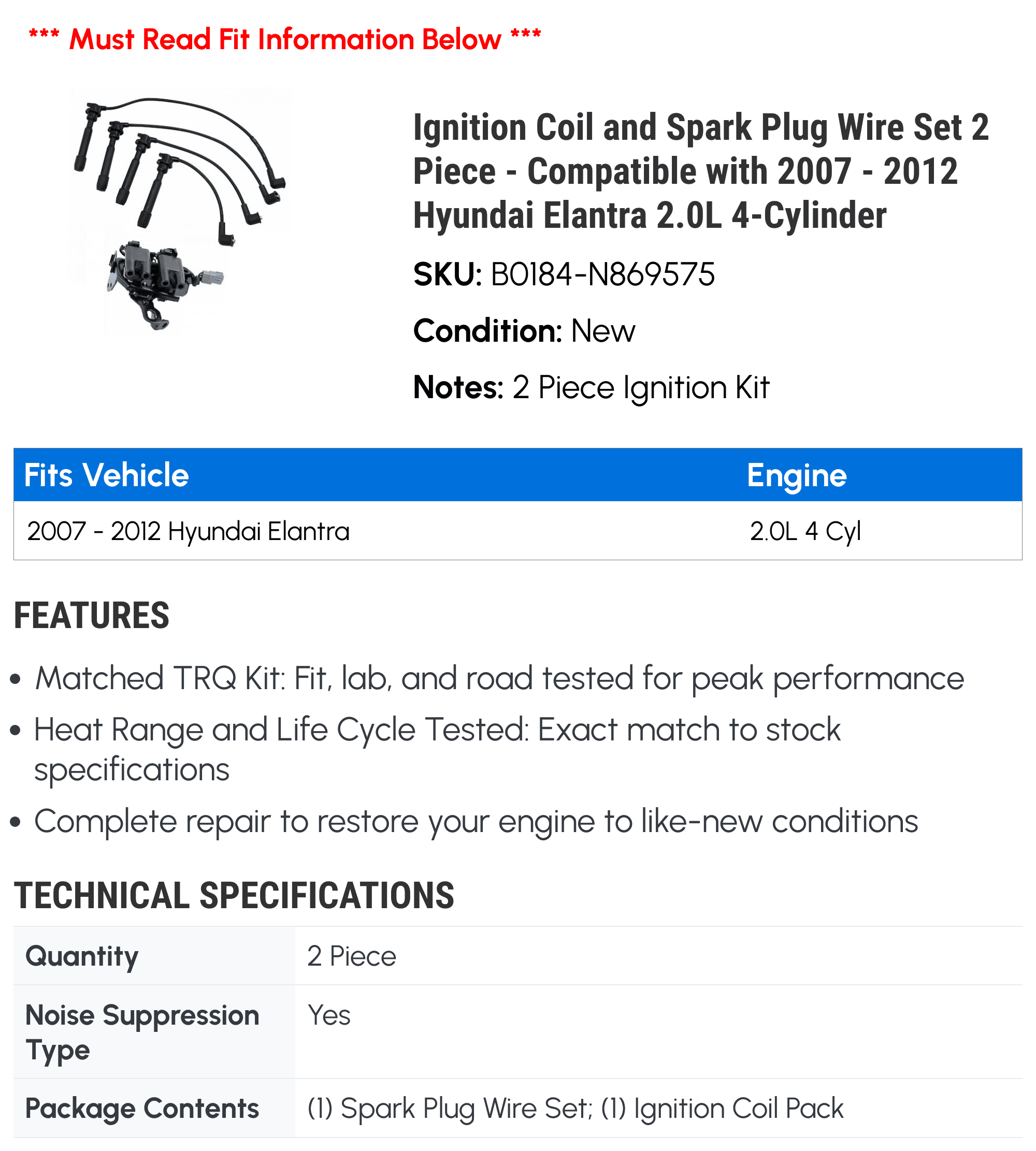 Ignition Coil and Spark Plug Wire Set 2 Piece - Compatible with 2007 - 2012 Hyundai Elantra 2.0L 4-Cylinder 2008 2009 2010 2011