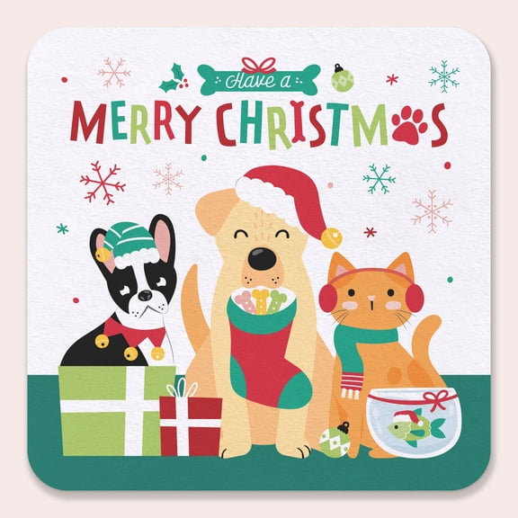 Big Dot of Happiness 25 Ct Christmas Pets Drink Coasters, 4-Inch Disposable Square Paper Coasters, Cats and Dogs Holiday Party Decor, Funny Christmas Table Decor for Drinks