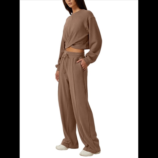 Conjunto de Chándal de 2 Piezas para Mujer: Sudadera Corta con Parte Delantera y Pantalón Deportivo de Pierna . Conjunto de Estar por Casa. Camello XL