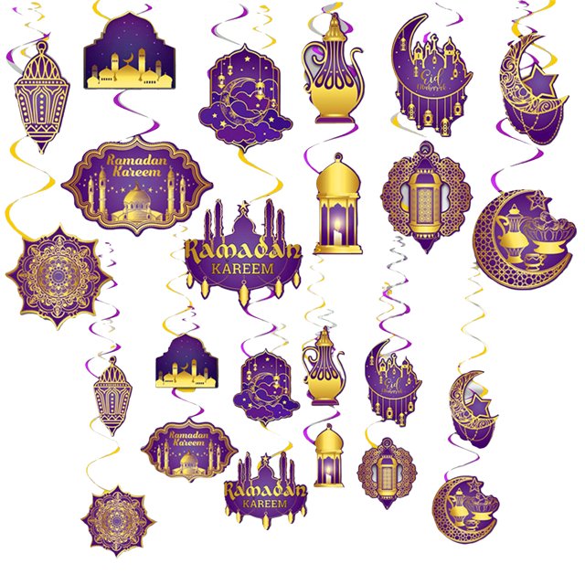 Decoraciones de techo Eid Mubarak, 48 piezas Eid Mubarak decoraciones colgantes Eid Mubarak remolinos de lámina de techo para