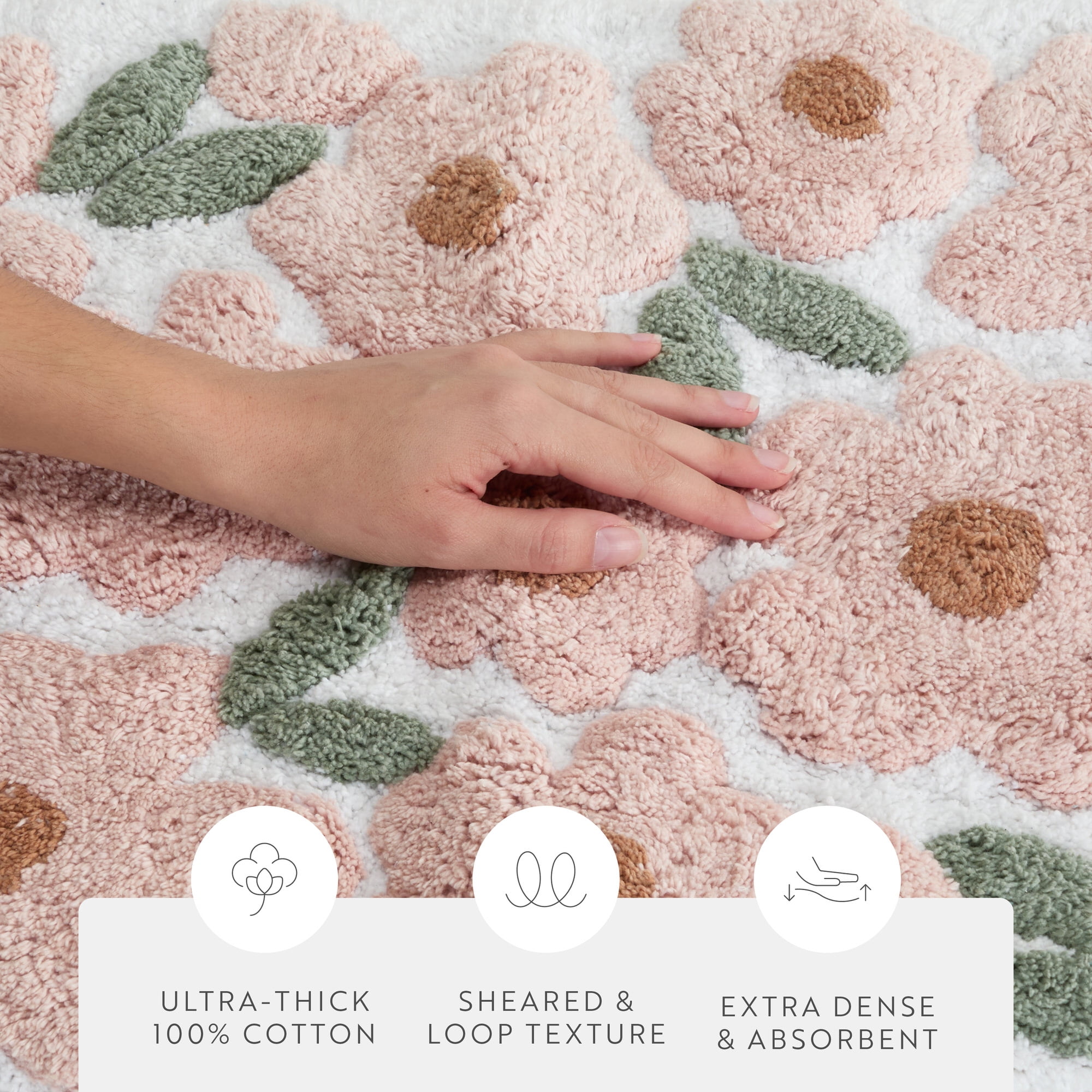 Noble Linens Floral Pattern Cotton Bath Mat, 24 in x 17 in, Blossoms Pink