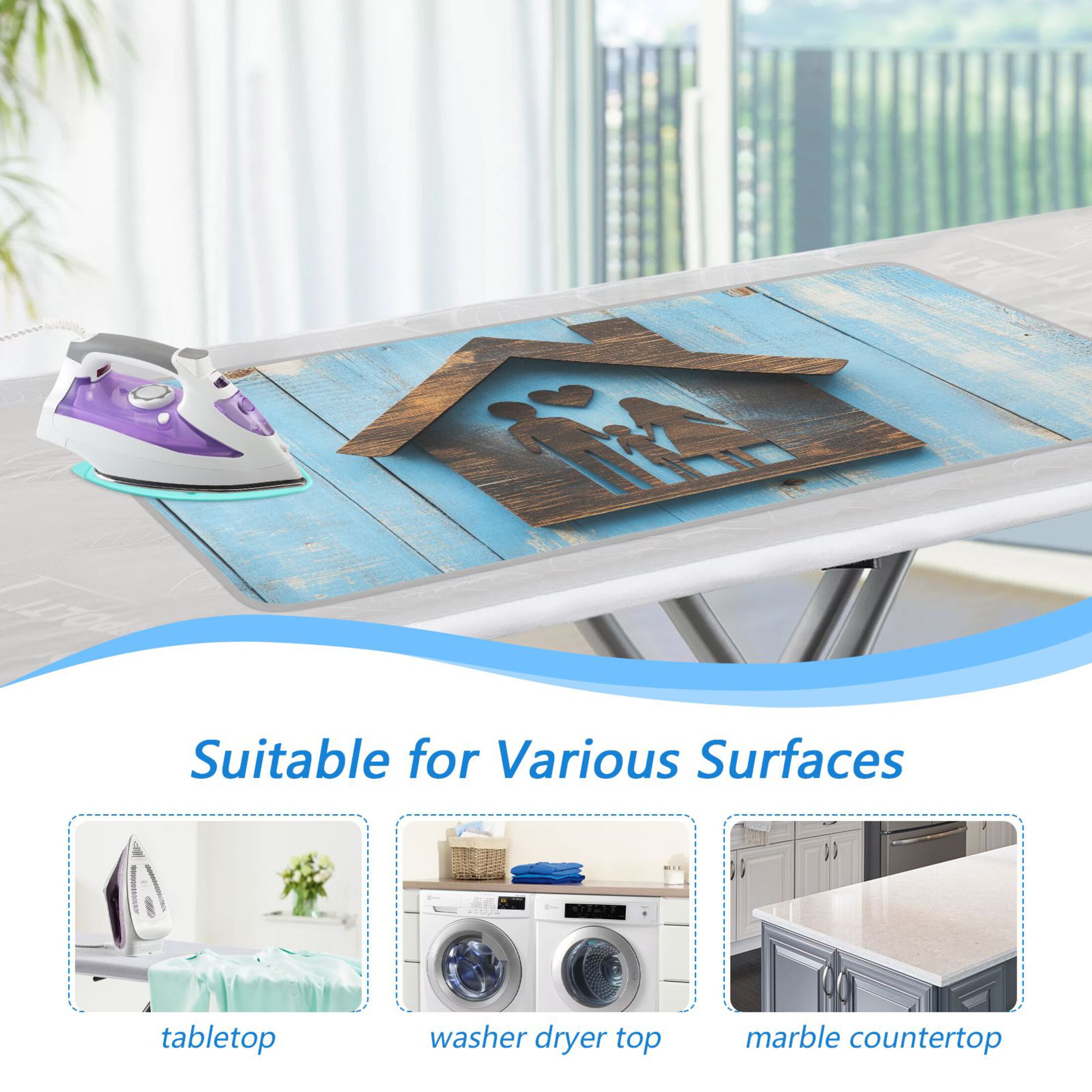 Family Wooden House-shaped Sign Ironing Mat Blanket Portable Travel Ironing Pad Heat Resistant Pad 47.2" x 27.6”