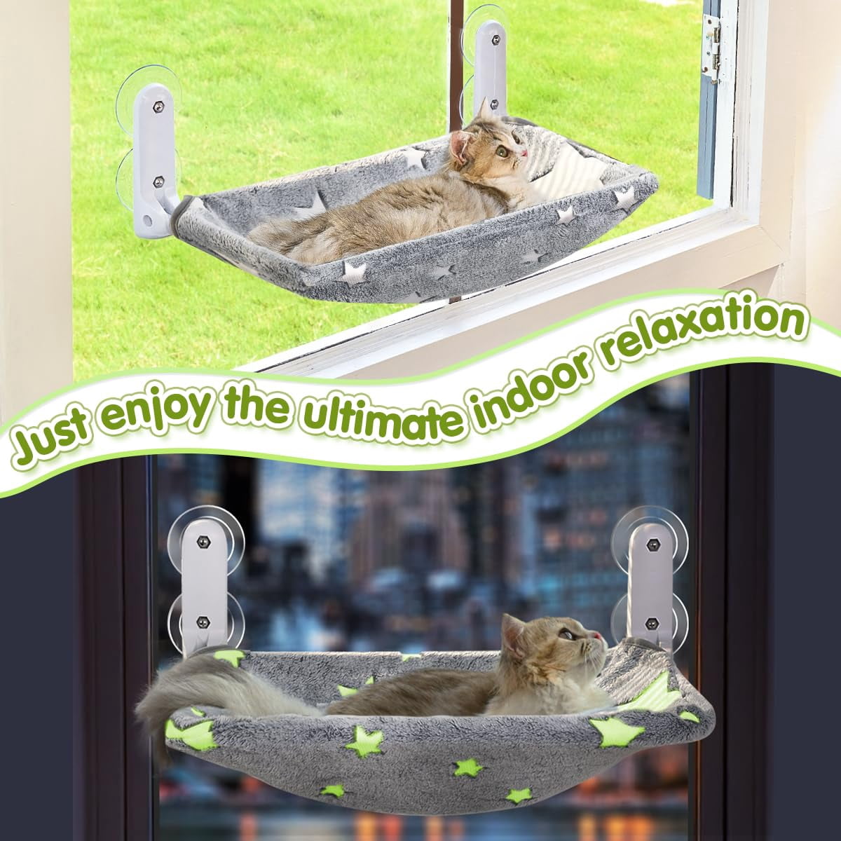 2pc Cat Window Perch  Glow In The Dark Cordless Foldable Pet Hammock Bed For With Sturdy Metal Frame Glowing Stars Pattern Resting Seat Indoor Cats (2pc - M)