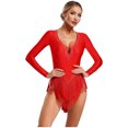 thumbnail image 3 of Miaeowve Women Latin Dance Deep V Neck Shiny Rhinestones Fringe Leotard Bodysuit with Long Sleeve Red L, 3 of 6