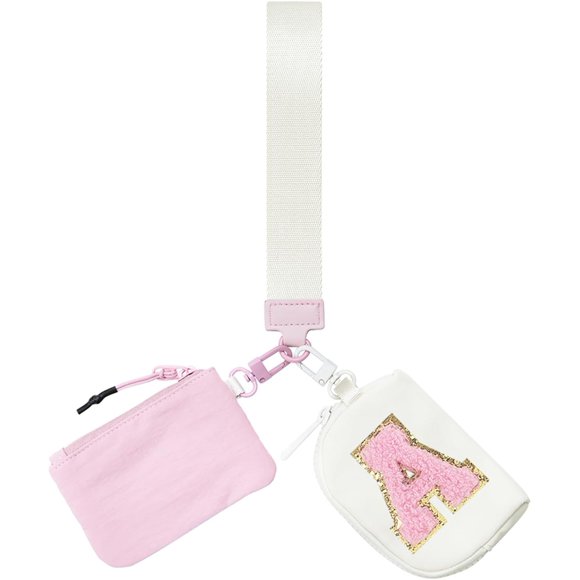 shiyou-Initial Dual Pouch Wristlet Keychain Mini Zip Around Wristlet Wallet Coin Purse for Women, Pink+beige-a