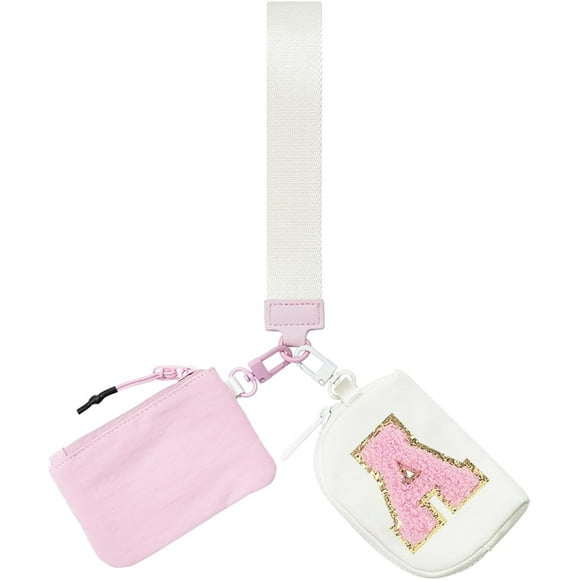 shiyou-Initial Dual Pouch Wristlet Keychain Mini Zip Around Wristlet Wallet Coin Purse for Women, Pink+beige-a