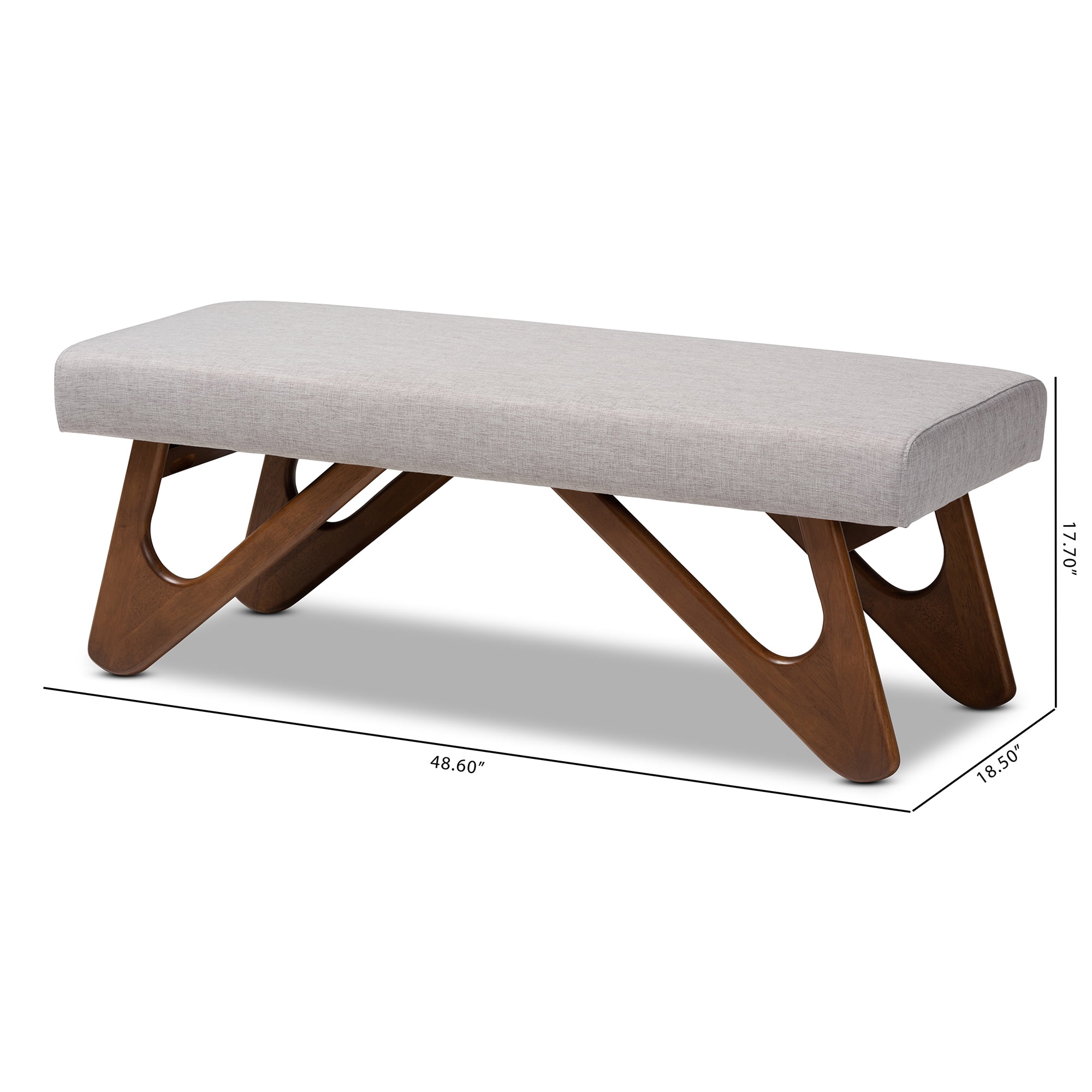 Baxton Studio Rika Mid-Century Modern Grayish Beige Fabric Upholstered Walnut Brown Finished Boomerang Bench