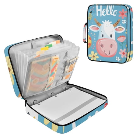Haosy Accordion File Organizer Zipper Binder 500 Sheet 6-Tab Expanding File Folder Multi-Pocket 1.2 Inch 3 Ring Hello Cow Face