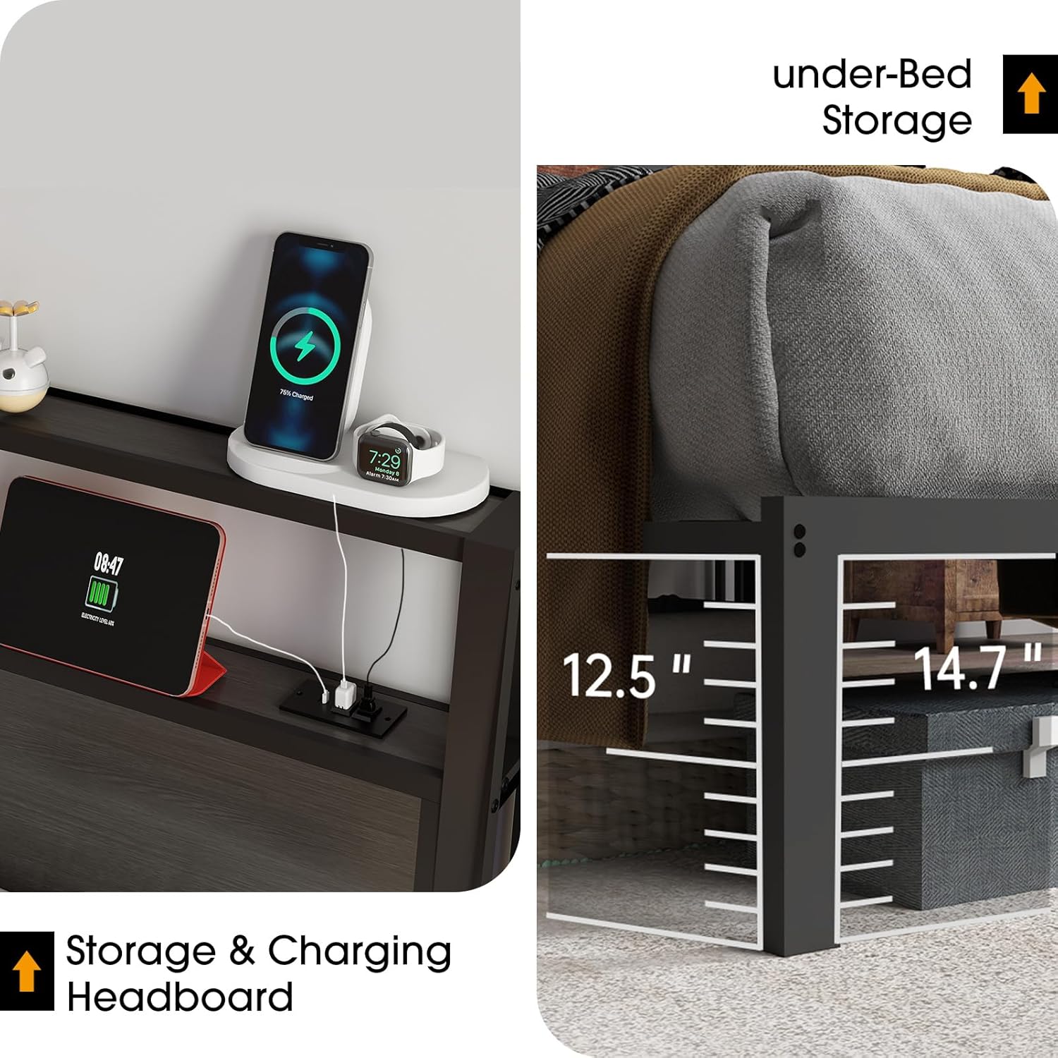 DRNANLIT Queen  Bed Metal Platform Bed Frame with LED Lights Storage Headboard＆Charging Station,Noise Free, Easy Assembly, Dark Grey