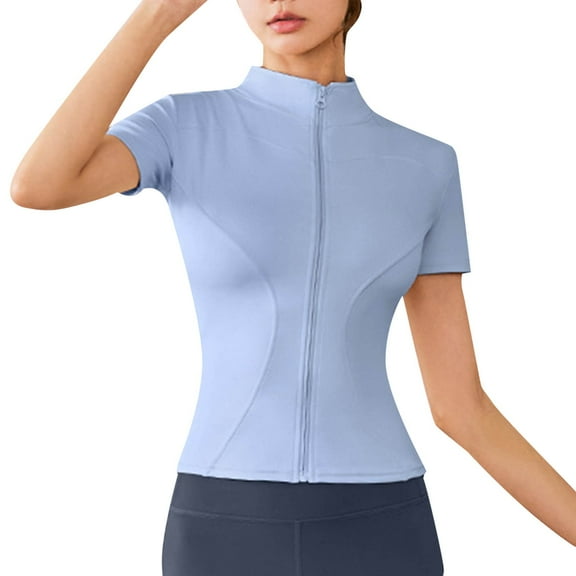 Puliio Womens Workout Shirts High Elastic Yoga Zipper Jacket Stand Collar Tight Sports Coat Short Sleeved Solid Cardigan Tops For Women