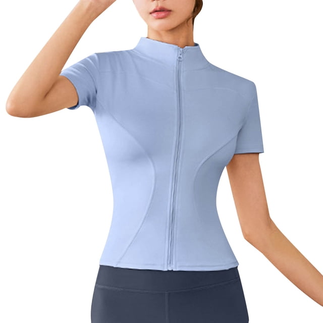 Chaqueta deportiva ajustada de manga corta con cuello alto y chaqueta de yoga de alta elasticidad para mujer - Material suave y duradero, diseño sólido y moderno