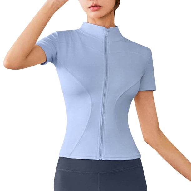 Chaqueta deportiva ajustada de manga corta con cuello alto y chaqueta de yoga de alta elasticidad para mujer - Material suave y duradero, diseño sólido y moderno