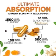Turmeric Curcumin Supplement - 95% Curcuminoids with Organic Turmeric & Ginger, BioPerine Black Pepper Extract for Best Absorption, Natural Vegan Joint Support, Non-GMO, Bottled in USA - 120 Capsules