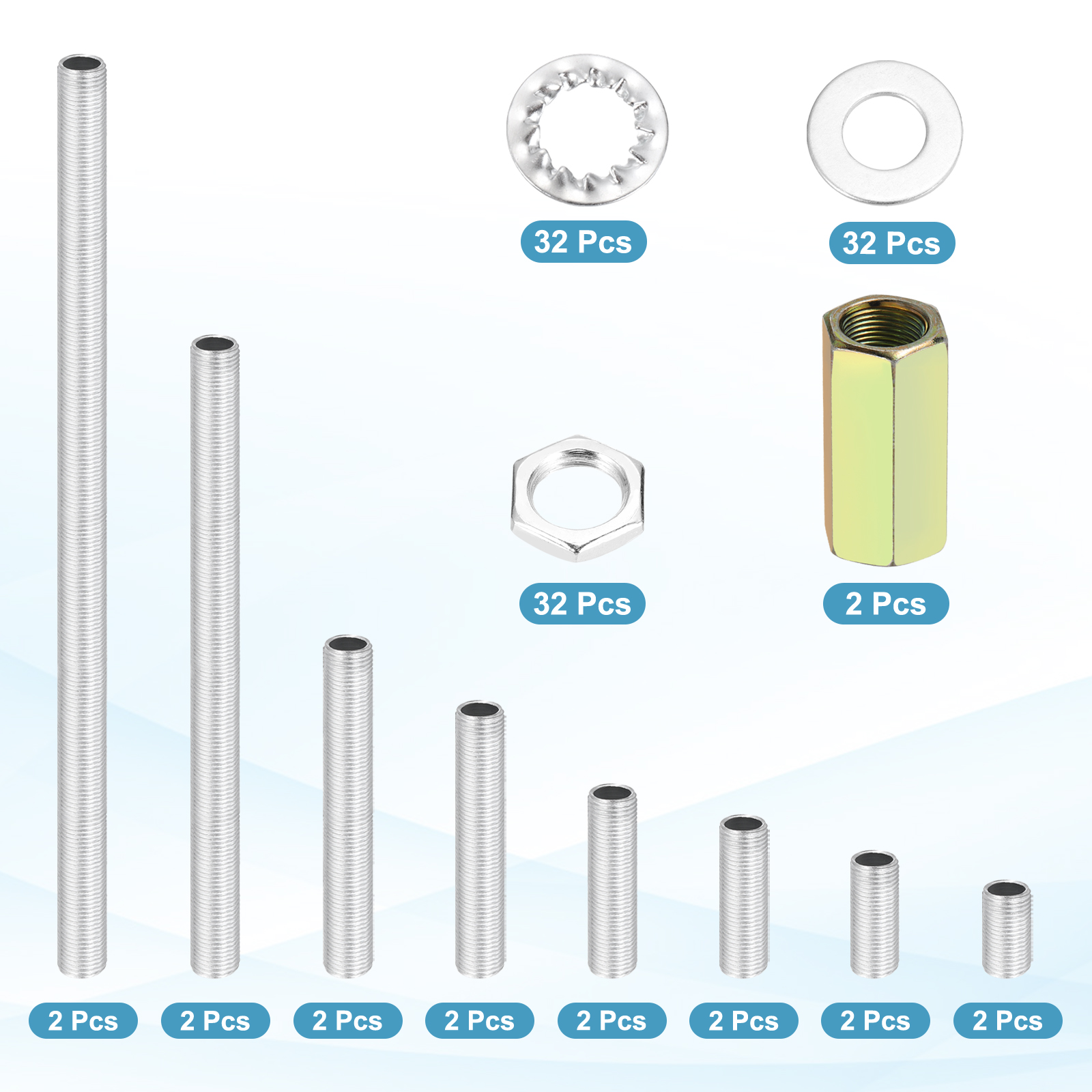 Uxcell 112Pcs 8 Size Lamp Pipe Nipples Kit With Hex Nuts Washers, M10 Fine Threaded Hollow Tube Repair Hardware Fasteners Assortment for Assembly Chandelier Ceiling Lamp DIY, Silver