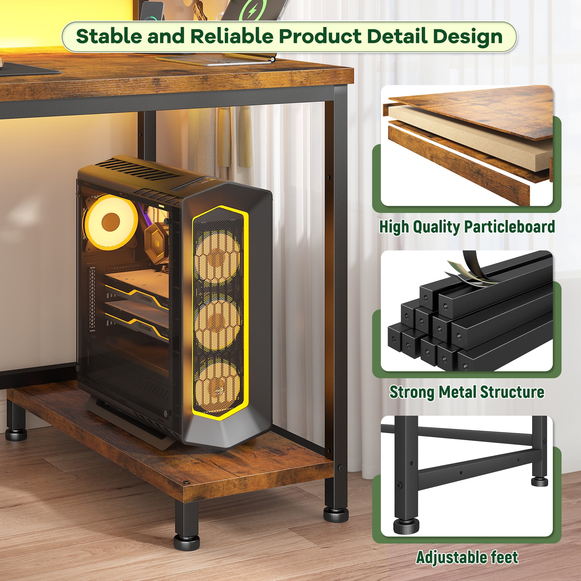 Romorgniz Computer Desk with Power Outlet & Fabric Drawer, Adjustable Gaming Office Desk with LED Lights & CPU Stand for Small Spaces, Rustic Brown