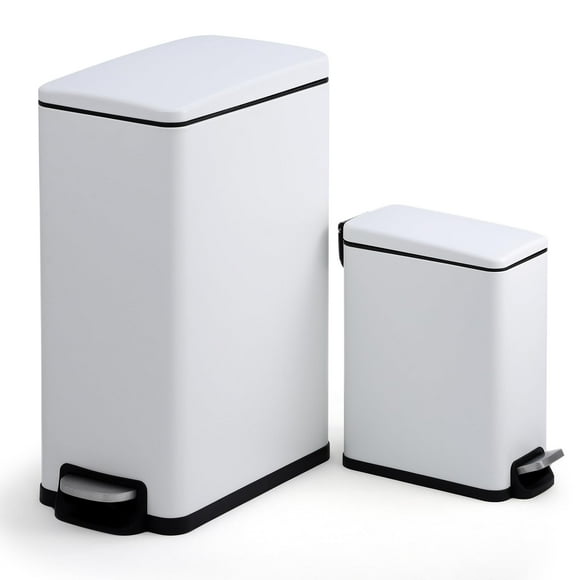 Slim Kitchen Trash Can,12 Gal and 2.6 Gal Step Pedal Waste Bin with Soft Close Lid,Stainless Steel Step Garbage Can,Removable Inner Bucket,Fingerprint Resistant for Bathroom,Kitchen,Bedroom,Office