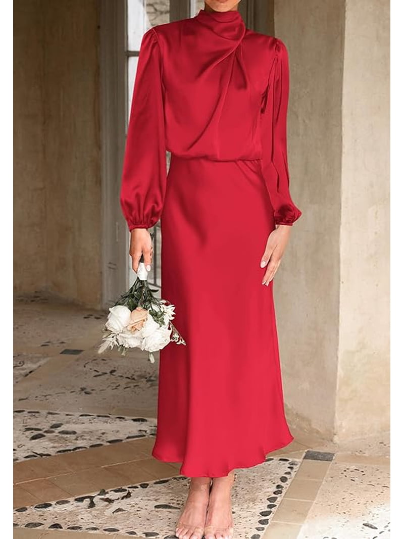 BTFBM Womens Mock Neck Satin Dress Spring Summer Long Sleeve Lightweight Formal Wedding Party Maxi Cocktail Dresses